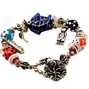 Artisan Lampwork Glass & Sterling Silver Charm Bracelet Nautical Whimsical Theme